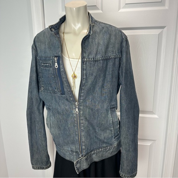 GUESS CAFE RACER jean jacket ZIP FRONT distressed blue denim UNISEX blue jean L - Picture 5 of 14